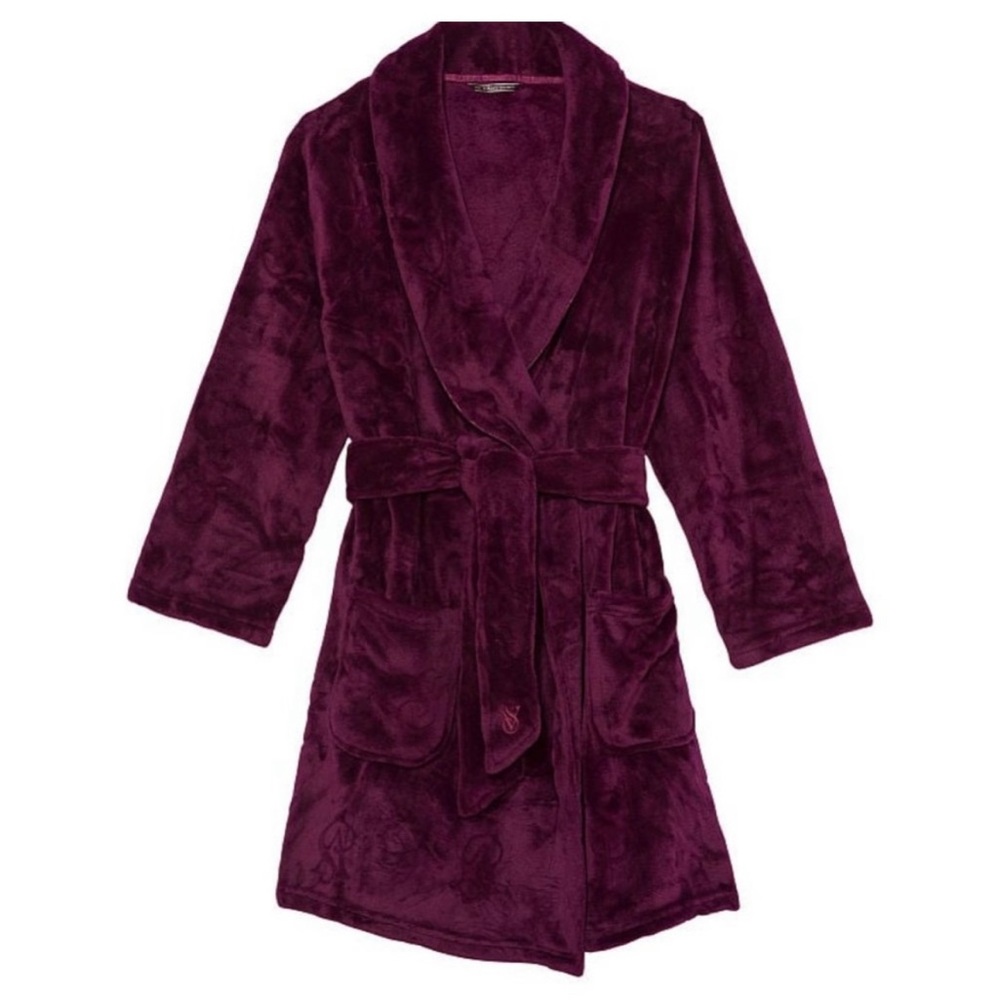 Victoria's Secret Medium Large M L Lingerie Short Plush Robe Plum Burgundy